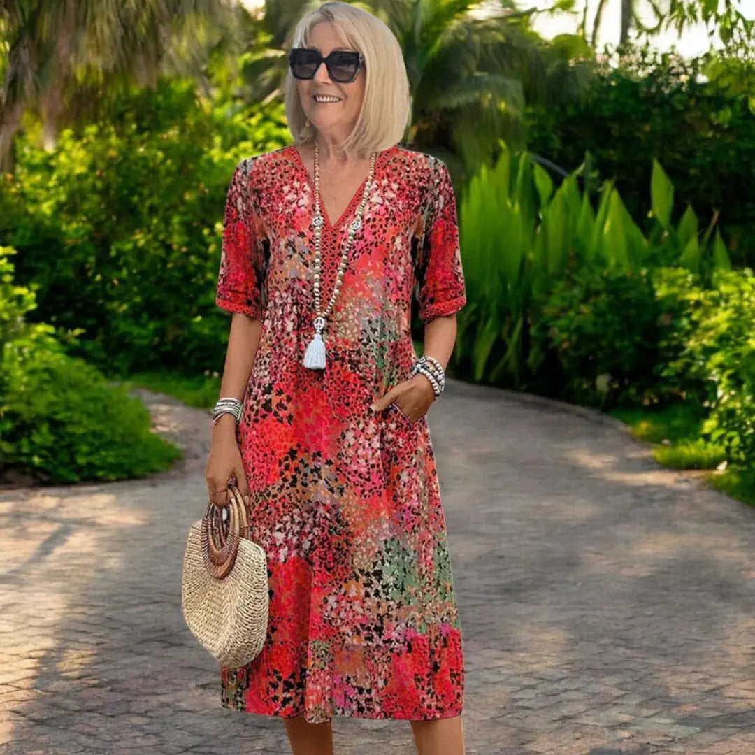 Robe vintage mi-longue femme – style bohème, imprimé floral, ample et décontractée, manches courtes NovaPlace