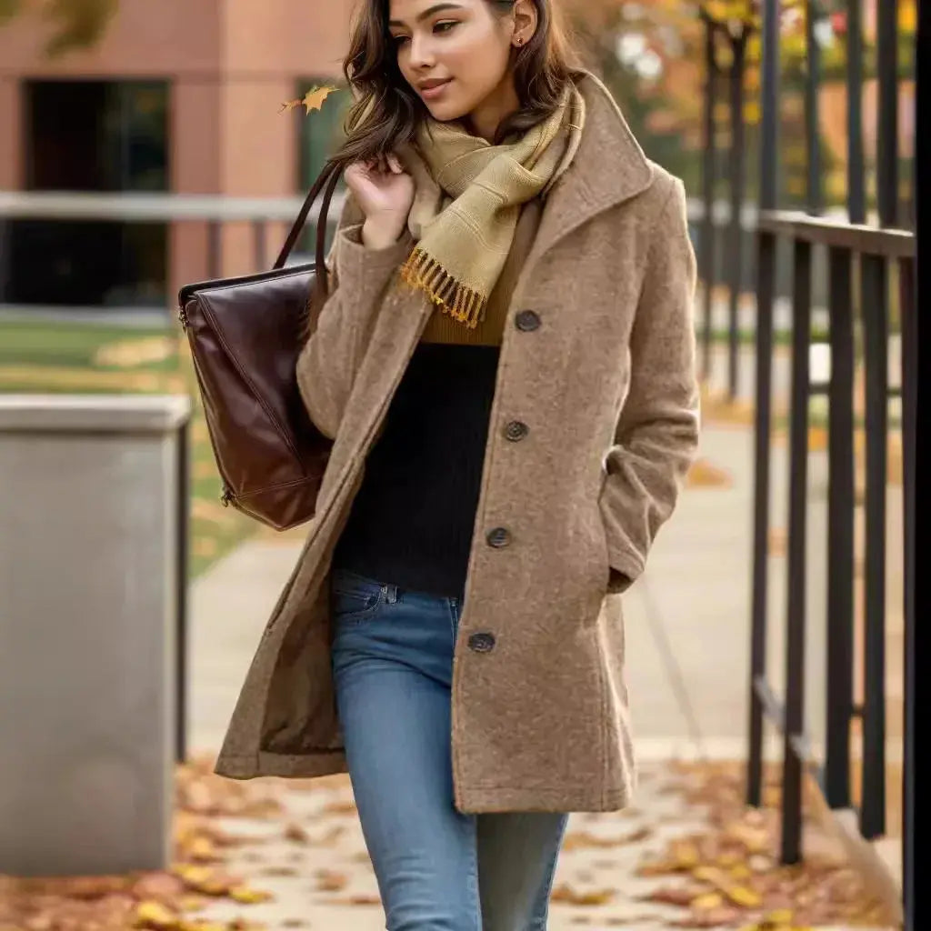 Manteau Long Mi-Saison Femme avec Revers Élégants NovaPlace